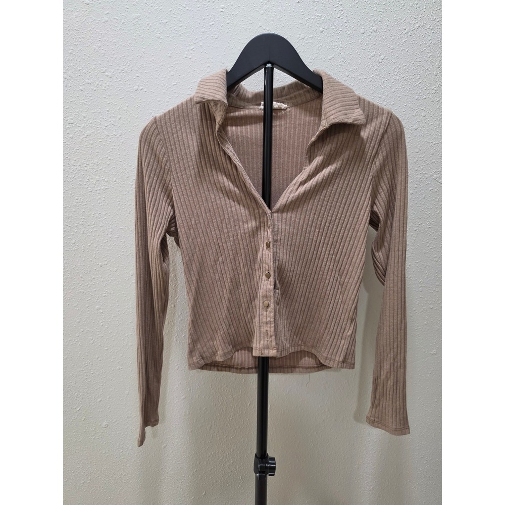 Tan Ribbed Knit Button Down Cardigan Top Long Sleeve Collared Brown Womens Small